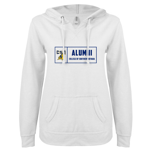  ENZA Womens White V Notch Raw Edge Fleece Hoodie - College of Southern Nevada Alumni