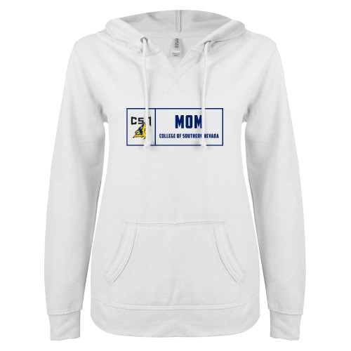  ENZA Womens White V Notch Raw Edge Fleece Hoodie - College of Southern Nevada Mom