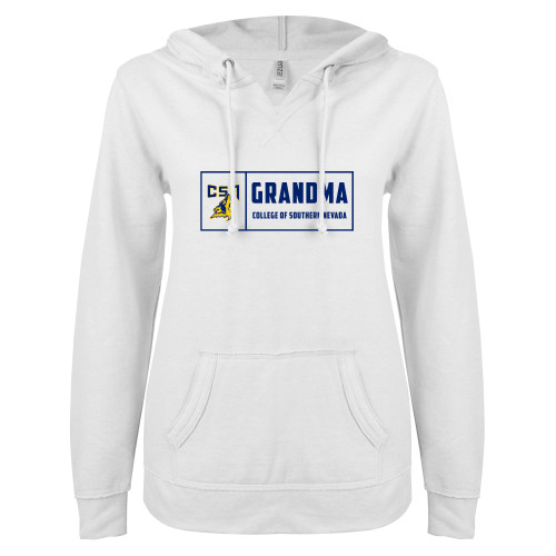  ENZA Womens White V Notch Raw Edge Fleece Hoodie - College of Southern Nevada Grandma