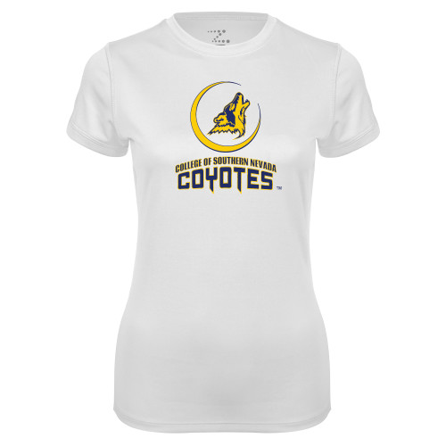  Womens White Performance Tee - College of Southern Nevada Mascot Wordmark Stacked