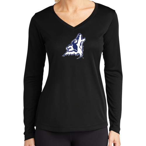  Womens Black Performance Long Sleeve V Neck Shirt - College of Southern Nevada Mascot Head