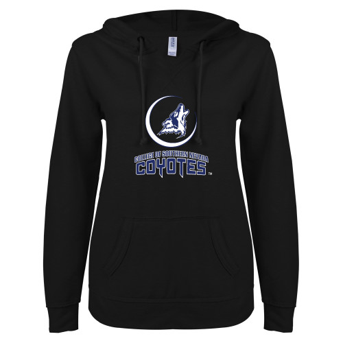  ENZA Womens Black V Notch Raw Edge Fleece Hoodie - College of Southern Nevada Mascot Wordmark Stacked