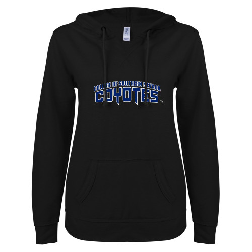  ENZA Womens Black V Notch Raw Edge Fleece Hoodie - College of Southern Nevada Wordmark