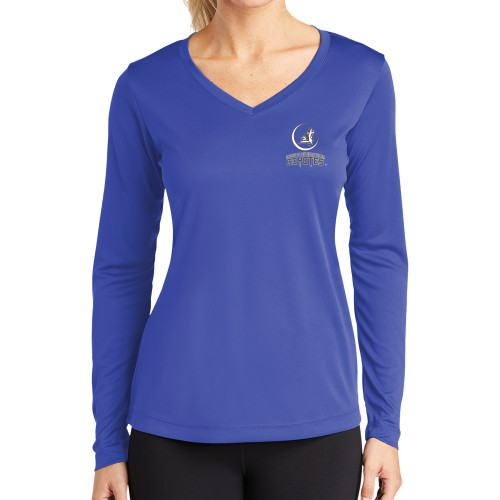  Womens Royal Performance Long Sleeve V Neck Shirt - College of Southern Nevada Mascot Wordmark Stacked