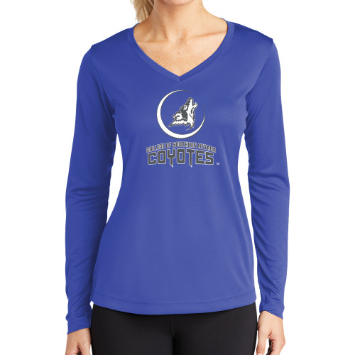  Womens Royal Performance Long Sleeve V Neck Shirt - College of Southern Nevada Mascot Wordmark Stacked
