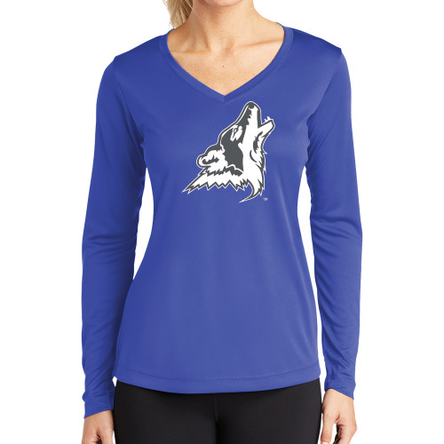  Womens Royal Performance Long Sleeve V Neck Shirt - College of Southern Nevada Mascot Head