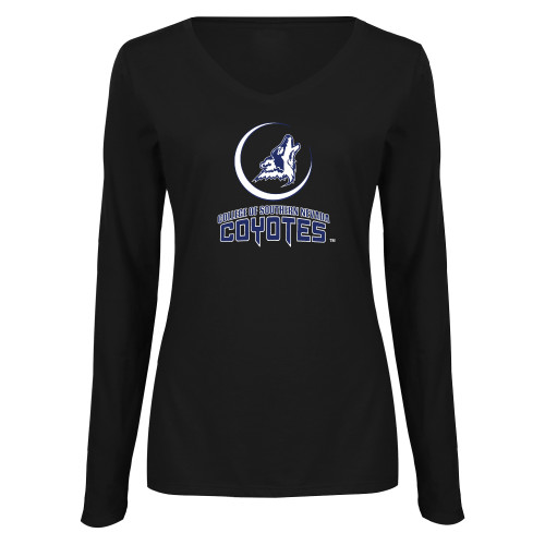  Womens Black Long Sleeve V Neck Tee  - College of Southern Nevada Mascot Wordmark Stacked