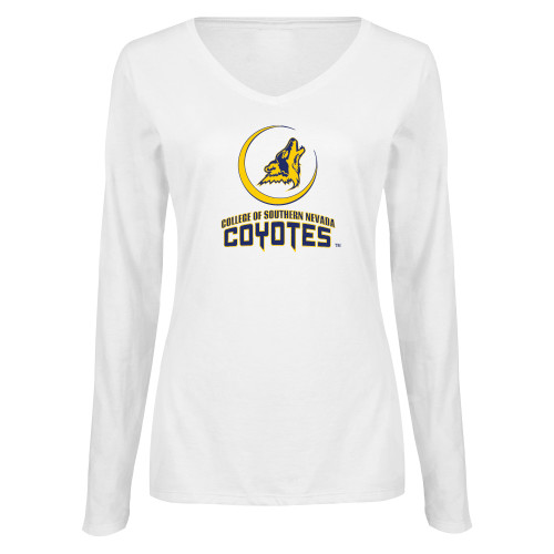  Womens White Long Sleeve V Neck Tee - College of Southern Nevada Mascot Wordmark Stacked