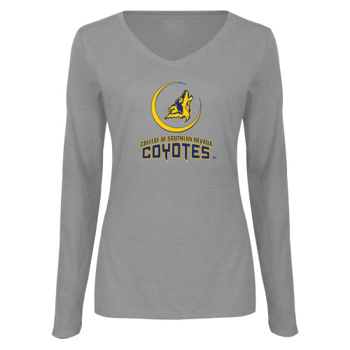  Womens Grey Long Sleeve V Neck Tee  - College of Southern Nevada Mascot Wordmark Stacked
