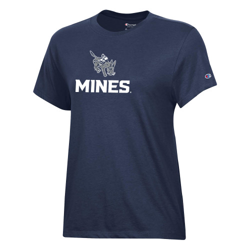  Champion Womens Navy Core Short Sleeve Tee - Colorado School of Mines Blaster the Burro Mascot with Mines