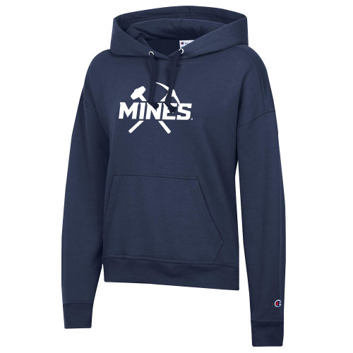  Champion Womens Navy Powerblend Pullover Hood - Colorado School of Mines Athletic Lockup