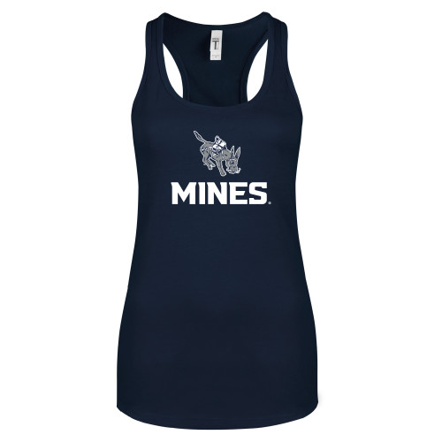  Next Level Womens Navy Racerback Tank  - Colorado School of Mines Blaster the Burro Mascot with Mines