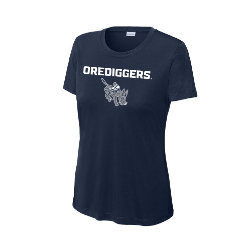  Womens Navy Performance Tee - Colorado School of Mines Blaster the Burro Mascot with Orediggers