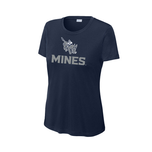  Womens Navy Performance Tee - Colorado School of Mines Blaster the Burro Mascot with Mines