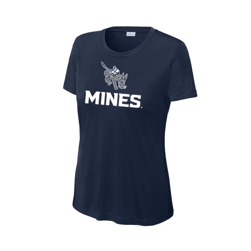  Womens Navy Performance Tee - Colorado School of Mines Blaster the Burro Mascot with Mines