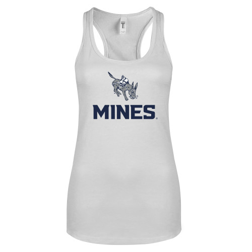  Next Level Racerback Tank White - Colorado School of Mines Blaster the Burro Mascot with Mines