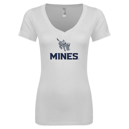  Next Level Womens White Ideal V Tee - Colorado School of Mines Blaster the Burro Mascot with Mines