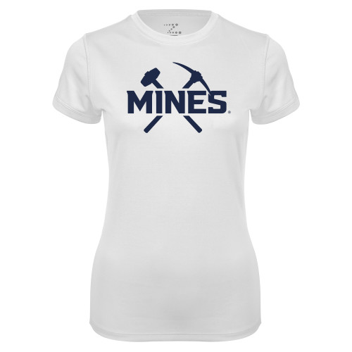  Womens White Performance Tee - Colorado School of Mines Athletic Lockup