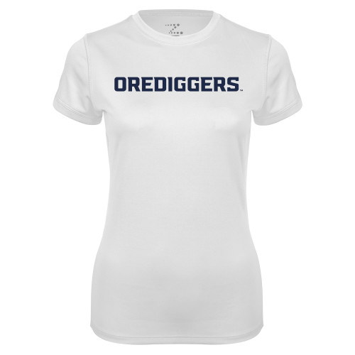  Womens White Performance Tee - Colorado School of Mines Orediggers Wordmark