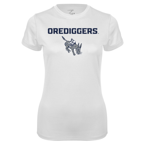  Womens White Performance Tee - Colorado School of Mines Blaster the Burro Mascot with Orediggers