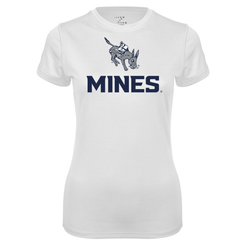  Womens White Performance Tee - Colorado School of Mines Blaster the Burro Mascot with Mines