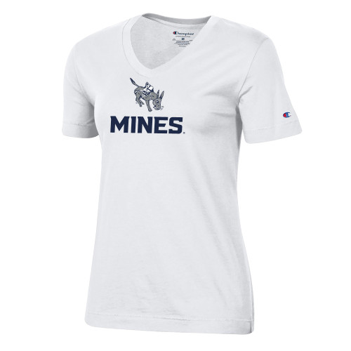  Champion Womens White VNeck Tee - Colorado School of Mines Blaster the Burro Mascot with Mines