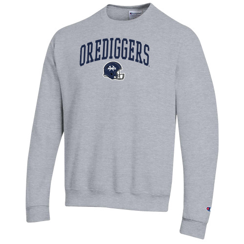  Champion Heather Grey Fleece Crew - Colorado School of Mines Arched with Helmet