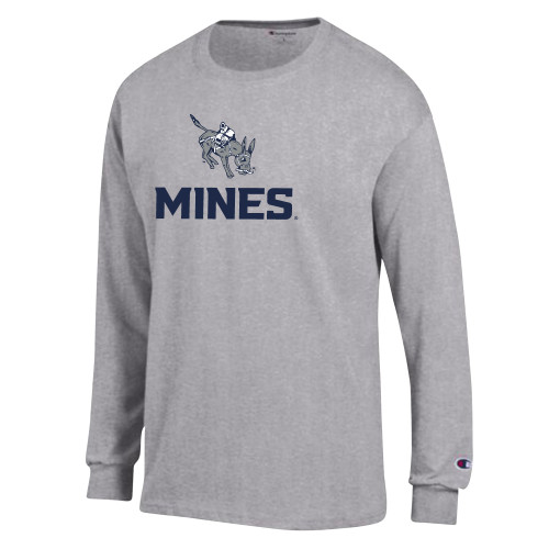  Champion Oxford Grey Long Sleeve T Shirt - Colorado School of Mines Blaster the Burro Mascot with Mines