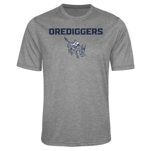  Grey Heather Performance Contender Tee - Colorado School of Mines Blaster the Burro Mascot with Orediggers