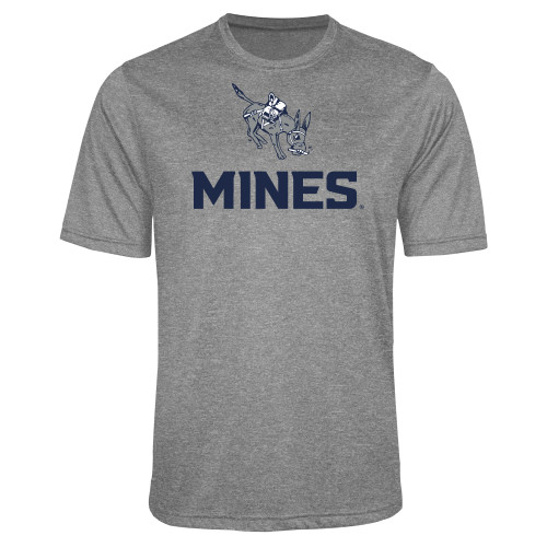  Grey Heather Performance Contender Tee - Colorado School of Mines Blaster the Burro Mascot with Mines