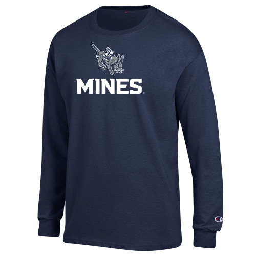  Champion Navy Long Sleeve T Shirt - Colorado School of Mines Blaster the Burro Mascot with Mines