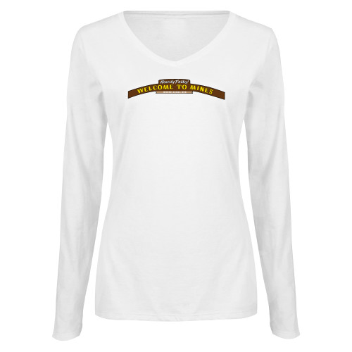  Womens White Long Sleeve V Neck Tee  - Welcome to Mines