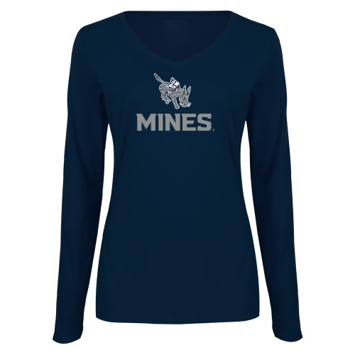  Womens Navy Long Sleeve V Neck Tee  - Colorado School of Mines Blaster the Burro Mascot with Mines