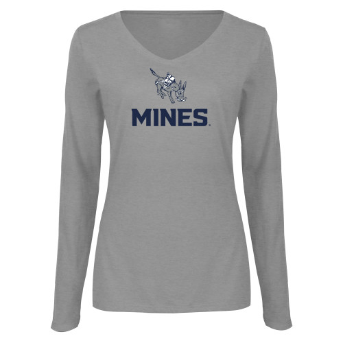  Womens Grey Long Sleeve V Neck Tee  - Colorado School of Mines Blaster the Burro Mascot with Mines