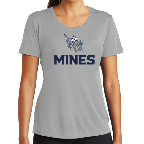  Womens Grey Performance Short Sleeve Tee - Colorado School of Mines Blaster the Burro Mascot with Mines