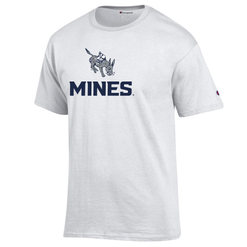  Champion White T Shirt - Colorado School of Mines Blaster the Burro Mascot with Mines