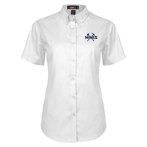  Womens White Twill Button Up Short Sleeve - Colorado School of Mines Athletic Lockup