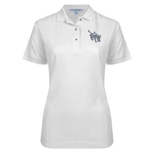  Womens Silk Touch White Pique Polo - Colorado School of Mines Blaster the Burro Mascot