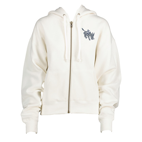  ENZA Womens White Boxy Full Zip Hood - Colorado School of Mines Blaster the Burro Mascot