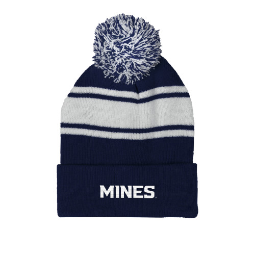  Navy/White Two Tone Knit Pom Beanie w/Cuff - Mines Wordmark