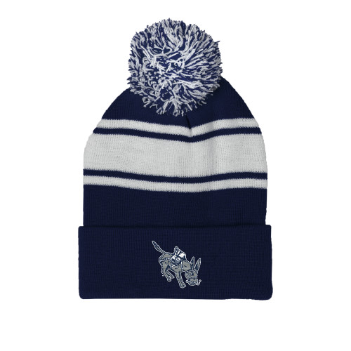  Navy/White Two Tone Knit Pom Beanie w/Cuff - Colorado School of Mines Blaster the Burro Mascot