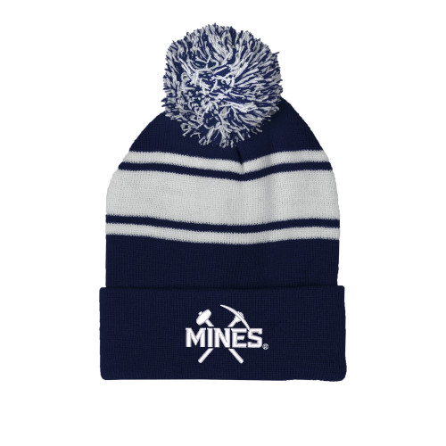  Navy/White Two Tone Knit Pom Beanie w/Cuff - Colorado School of Mines Athletic Lockup