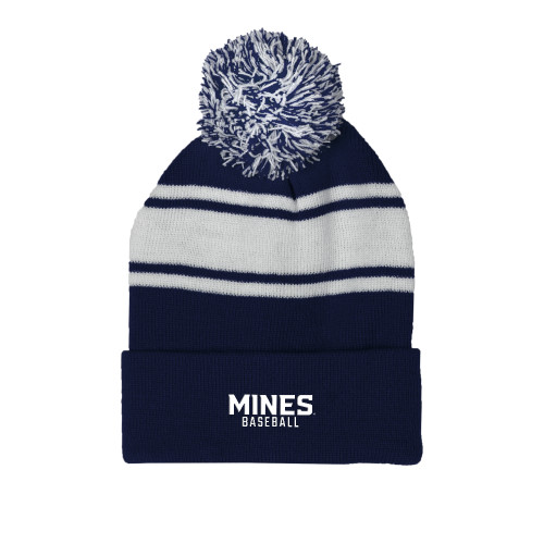  Navy/White Two Tone Knit Pom Beanie w/Cuff - Mines Baseball Stacked