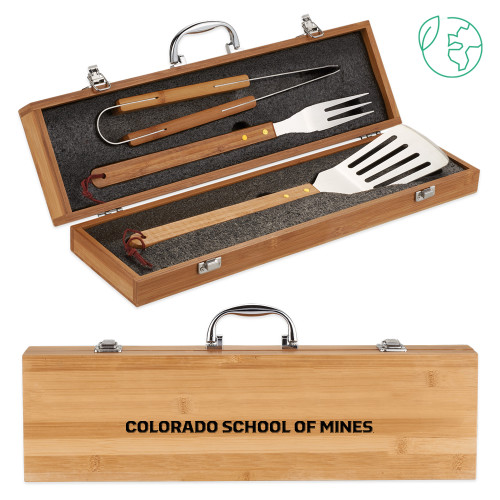  3 Piece BBQ Grill Utensil Set with Bamboo Case - Colorado School of Mines Wordmark Flat Engraved