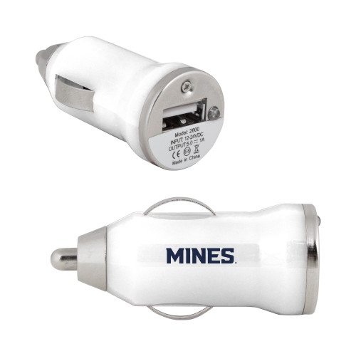  On the Go White Car Charger - Mines Wordmark