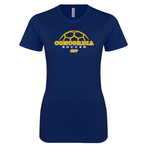  Next Level Womens Navy Boyfriend Tee - Soccer Half Ball Design