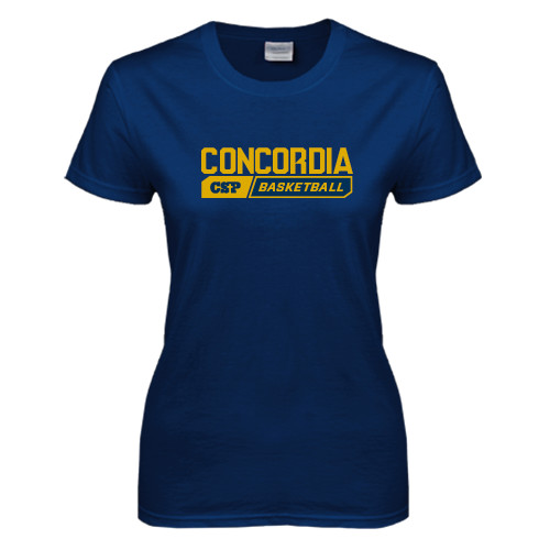  Womens Short Sleeve Navy Tee - Block Basketball Design