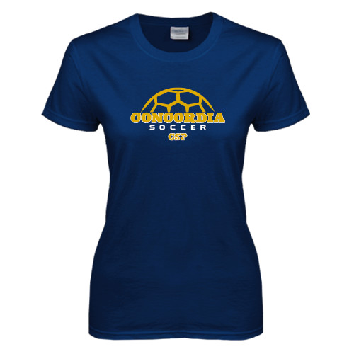  Womens Short Sleeve Navy Tee - Soccer Half Ball Design