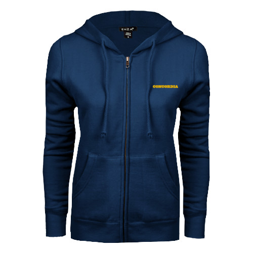  ENZA Womens Navy Fleece Full Zip Hoodie - Concordia Wordmark
