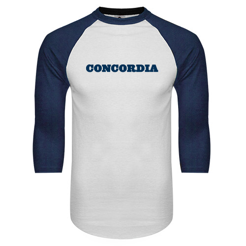  White/Navy Raglan Baseball T Shirt - Concordia Wordmark